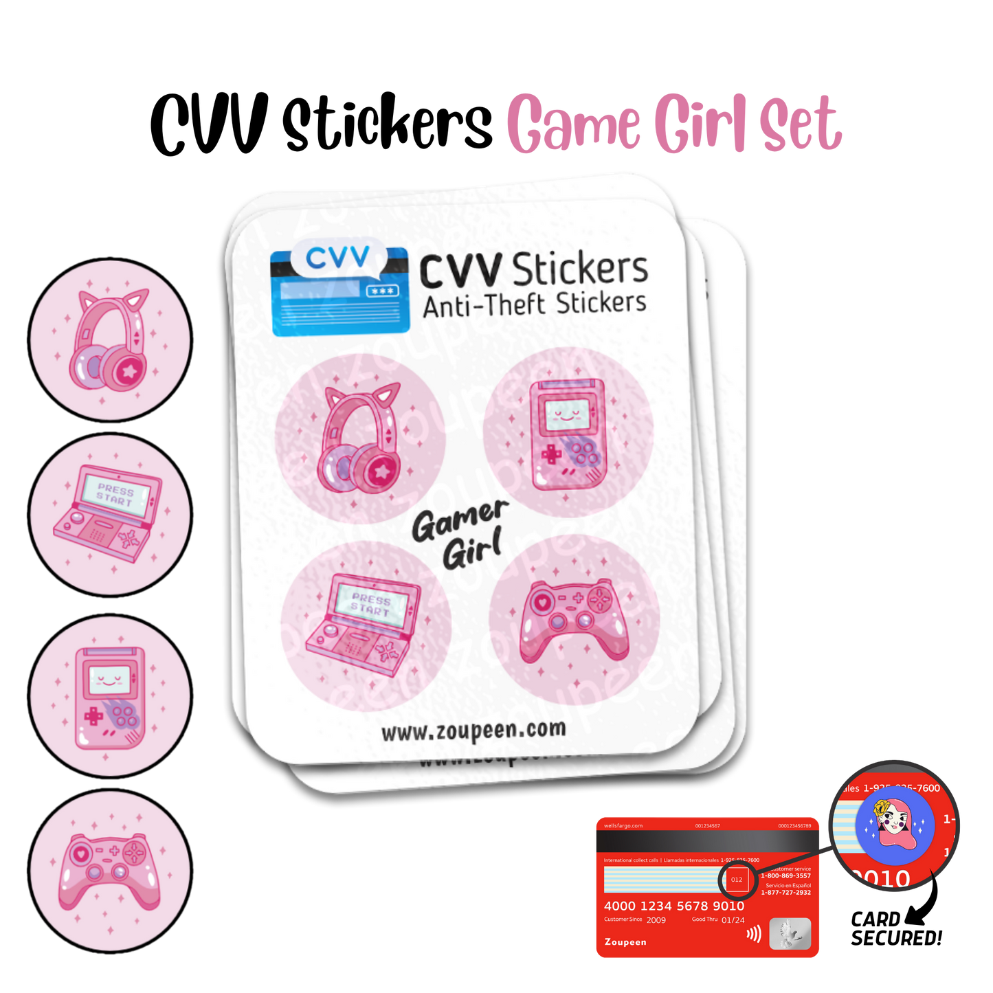 CVV Anti-Theft Stickers: Gamer Girl Set